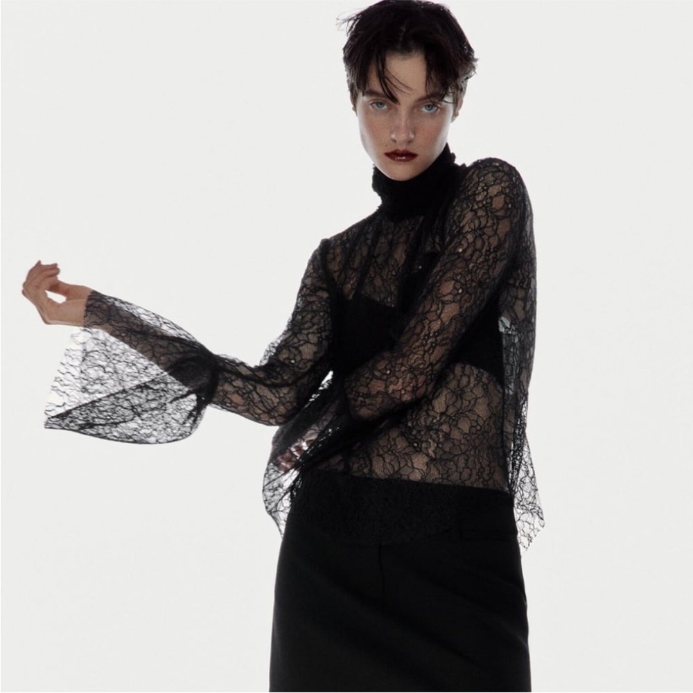 ZARA Lace long Bell Sleeve Top Black sheer mock neck whimsical blogger favorite